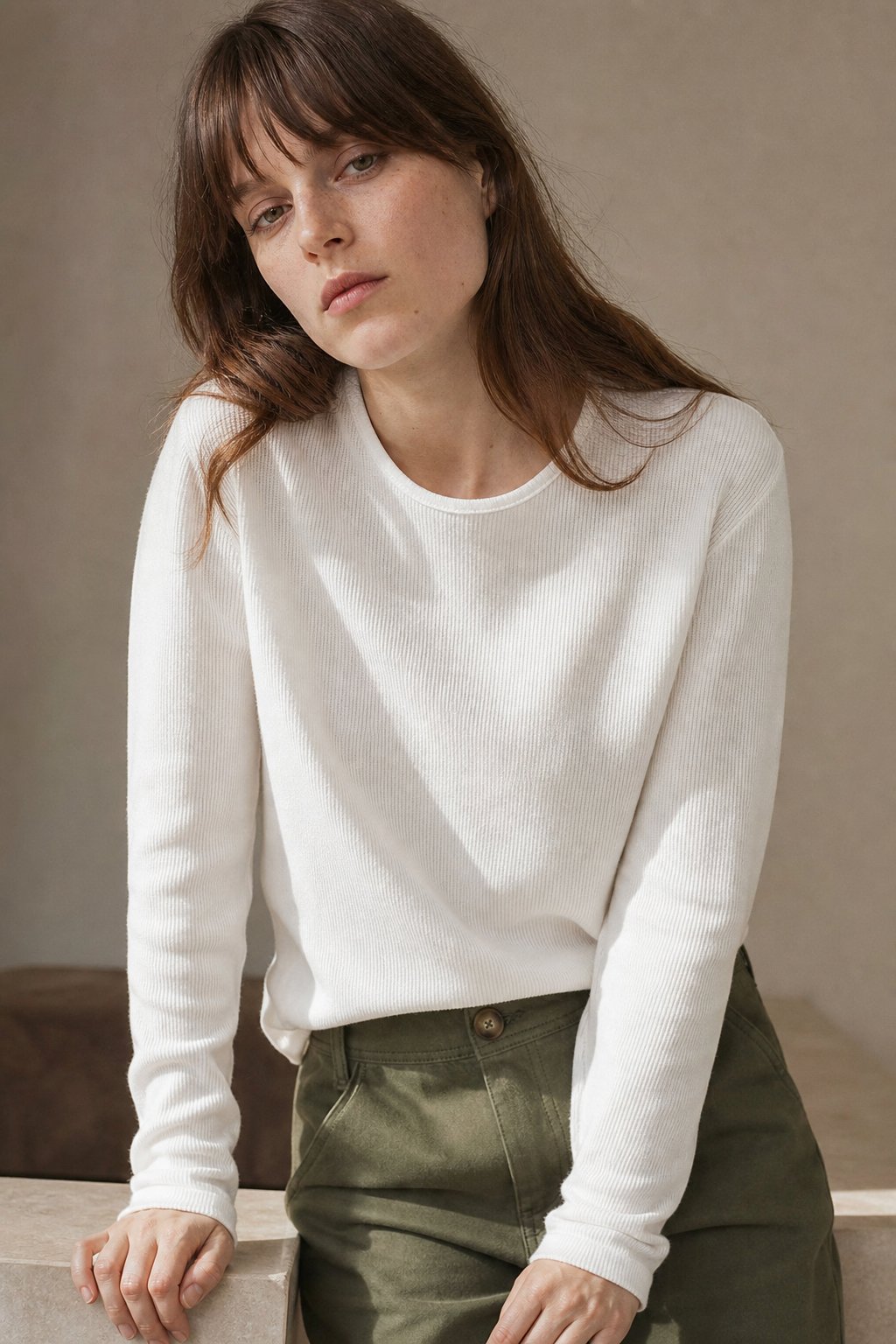 Wren Solid Knit Long Sleeve Tee — White, studio product shot